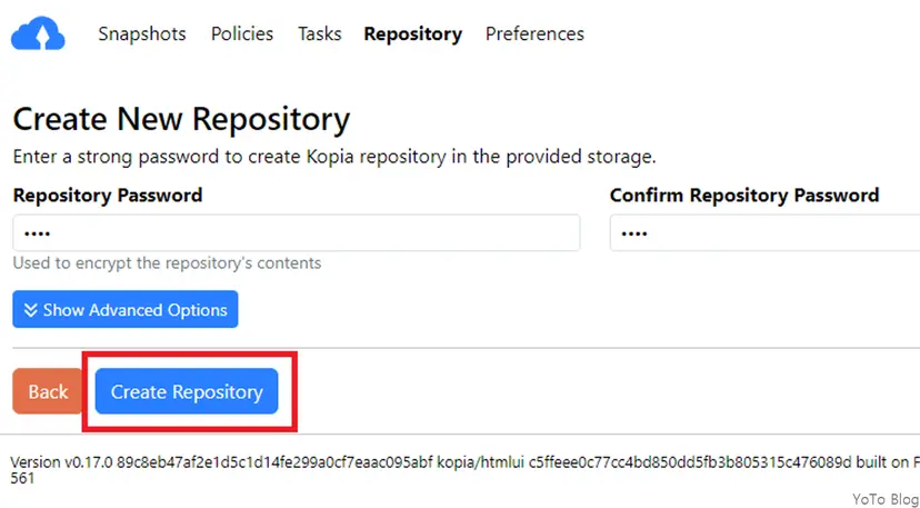 Kopia Create Repository